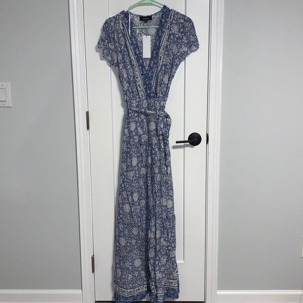 Aakaa Blue Floral Wrap Maxi Dress. Never worn. Size Small.
